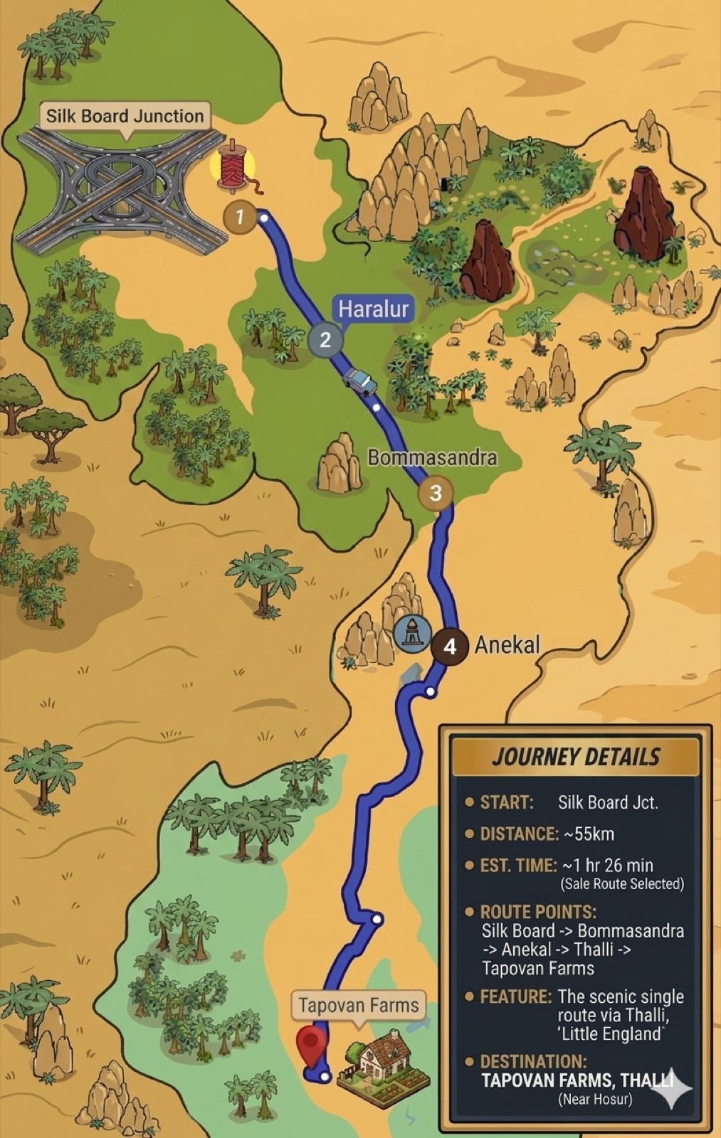 Route map from Silk Board Junction to Qbinn Resorts, Thalli